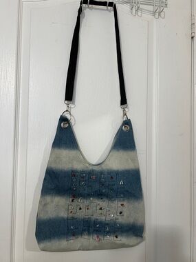 Striped Blue and Cream Denim Shoulder Bag with Embellishments